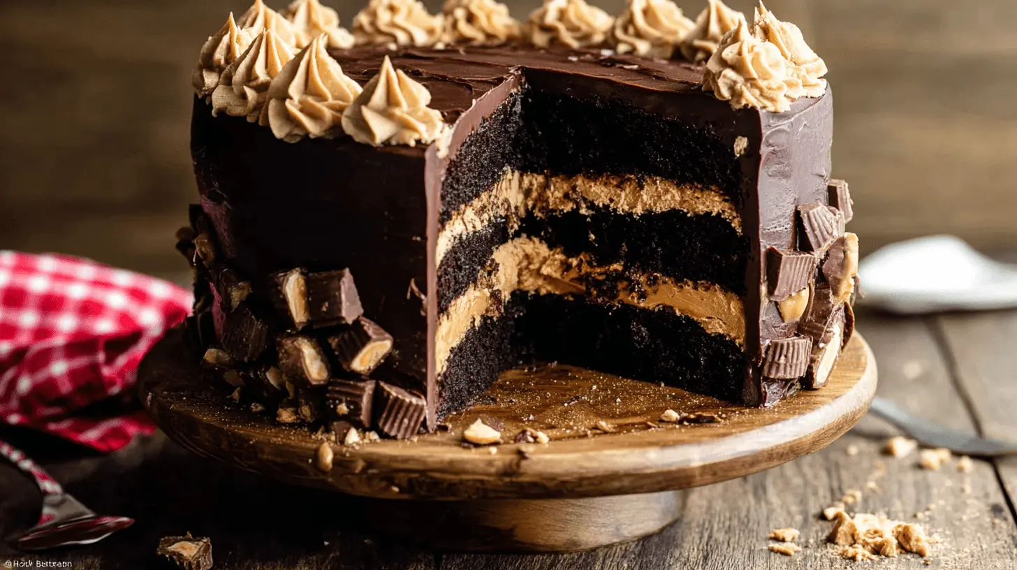 Decadent multi-layered chocolate peanut butter cake on a rustic wooden stand, with a slice revealing rich chocolate and creamy peanut butter frosting.