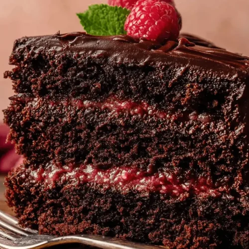 Decadent Chocolate Raspberry Cake Recipe 2 Close-up of a decadent slice of chocolate raspberry cake, garnished with fresh berries and mint, ready to be eaten.