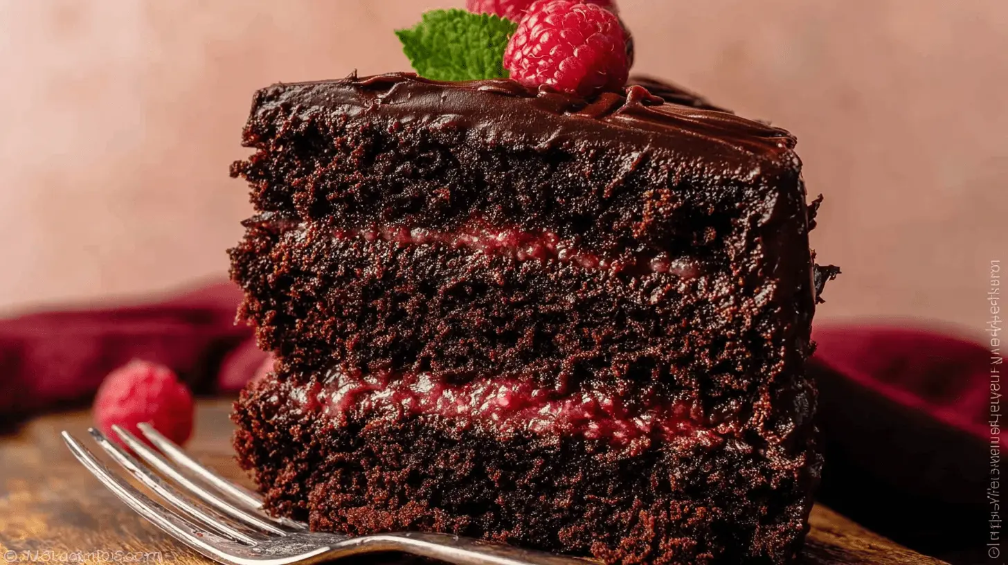 Decadent Chocolate Raspberry Cake Recipe 1 Close-up of a decadent slice of chocolate raspberry cake, garnished with fresh berries and mint, ready to be eaten.