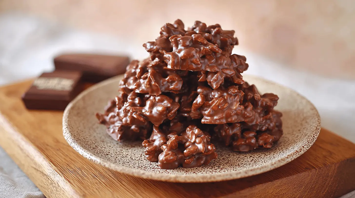 Rustic plate of homemade chocolate clusters with crunchy texture, a satisfying snack for fans of chocolate rice cakes.