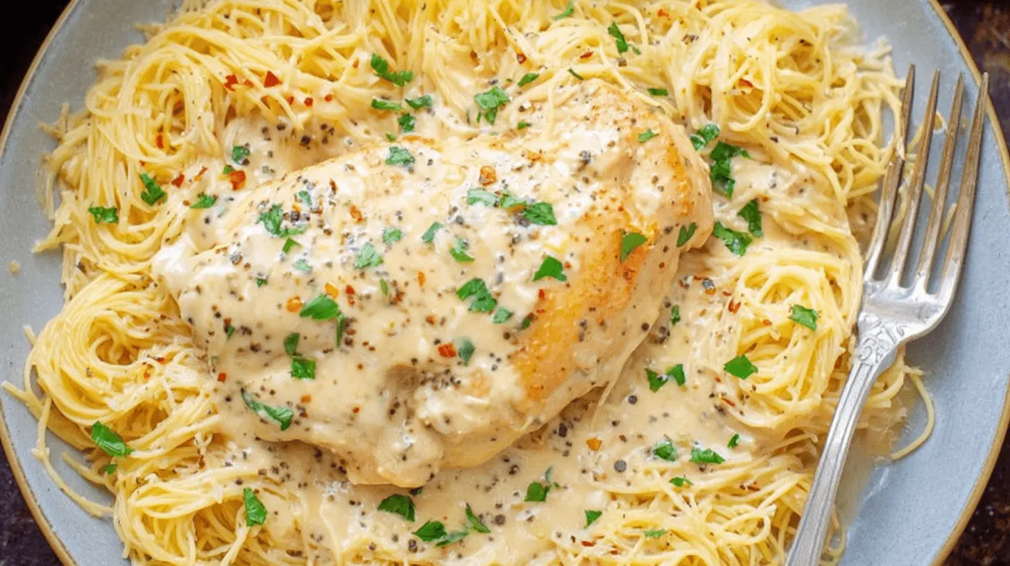 Easy, Creamy Crock Pot Angel Chicken Recipe 1 Close-up of a delicious Crock Pot Angel Chicken dish on a round plate, featuring creamy chicken, thin pasta, and fresh parsley garnish.