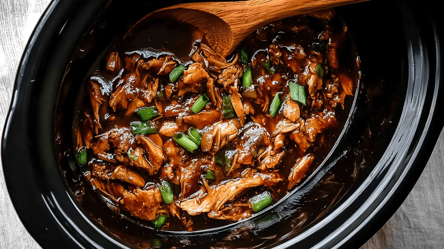 Easy Crock Pot Bourbon Chicken 1 Overhead shot of tender, shredded Crock Pot Bourbon Chicken in a black pot, garnished with fresh green scallions.