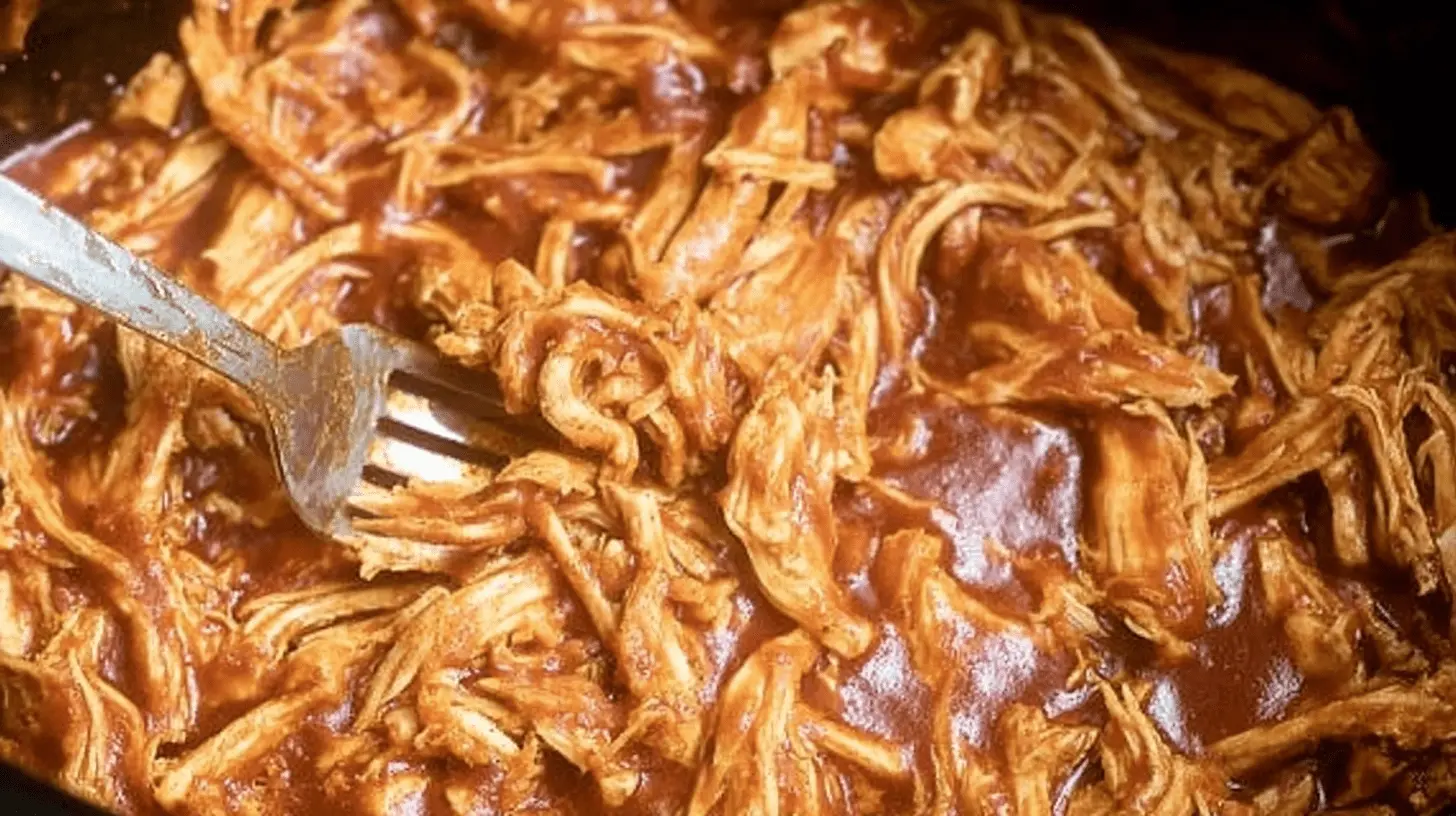 Close-up of shredded crockpot BBQ chicken being stirred with a fork, coated in rich, glossy sauce.