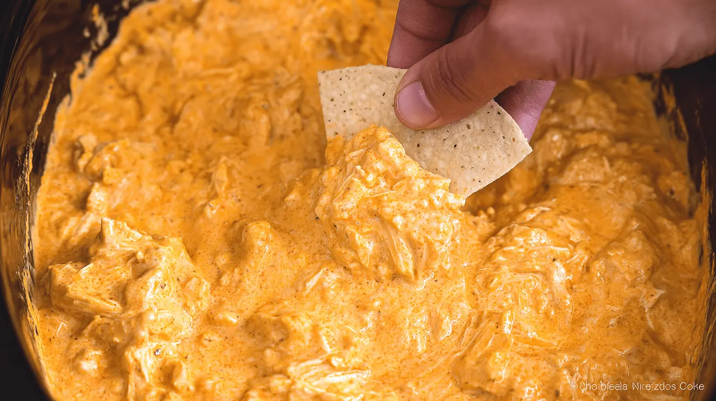 Hand scooping creamy crockpot buffalo chicken dip with a tortilla chip.