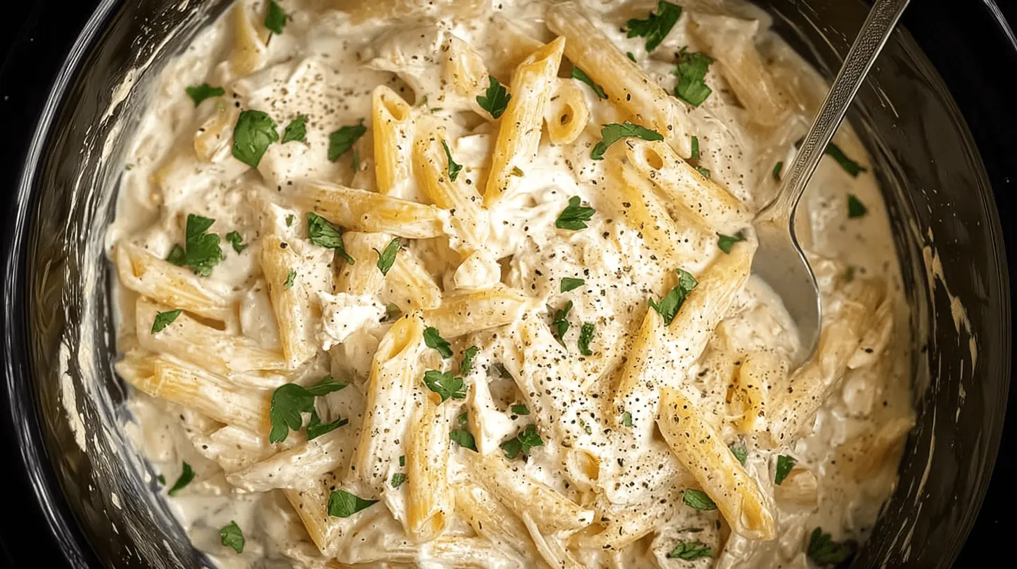 Easy Crockpot Chicken Alfredo Recipe 1 Appetizing close-up of creamy crockpot chicken alfredo with penne pasta, chicken, pepper, and herbs in a dark pot.