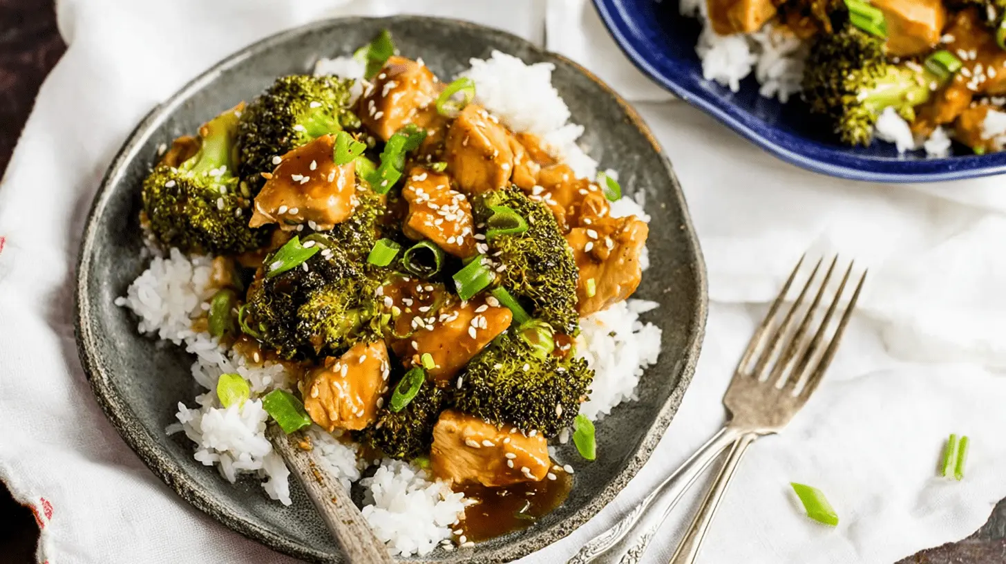 Overhead shot of delicious Crockpot Chicken and Broccoli served over white rice on a rustic plate, garnished with sesame seeds and scallions.
