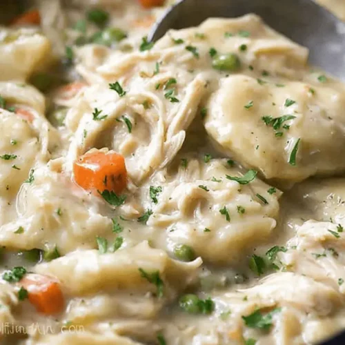 The Best Crockpot Chicken and Dumplings Recipe 2 Close-up of creamy crockpot chicken and dumplings garnished with fresh parsley.