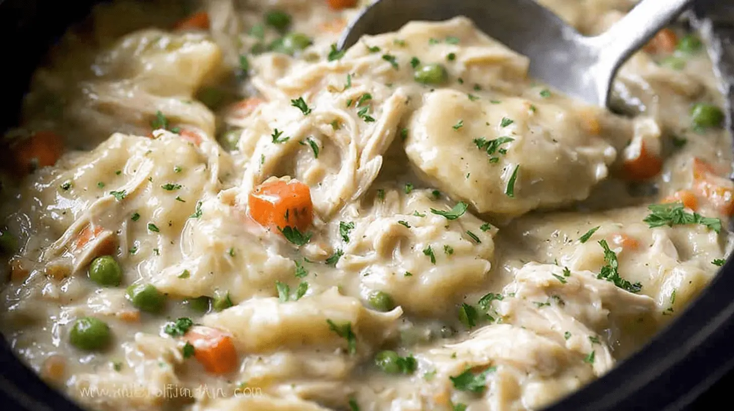 Close-up of creamy crockpot chicken and dumplings garnished with fresh parsley.