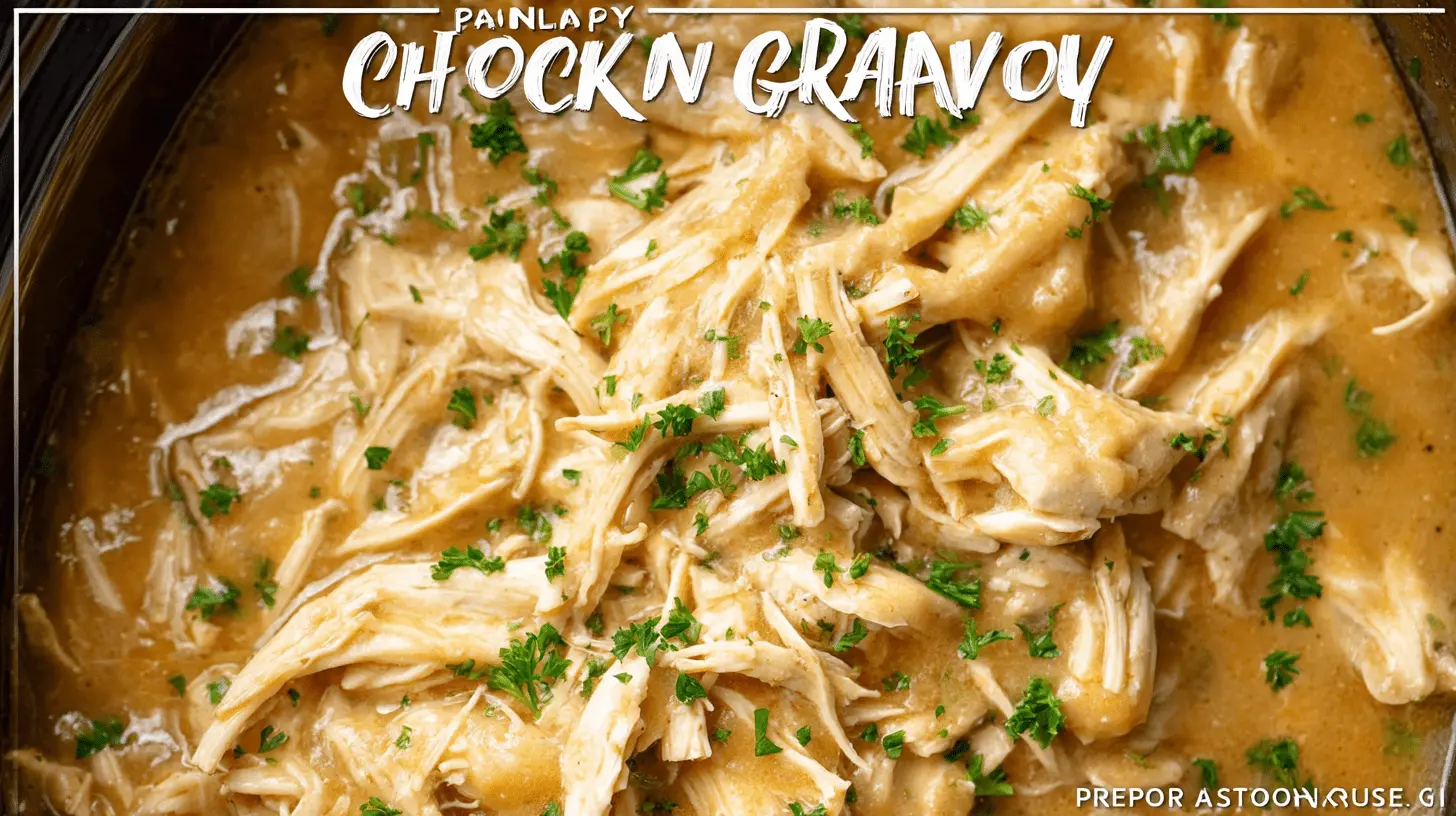 Close-up of a creamy shredded crockpot chicken and gravy dish, garnished with fresh parsley in a dark slow cooker.