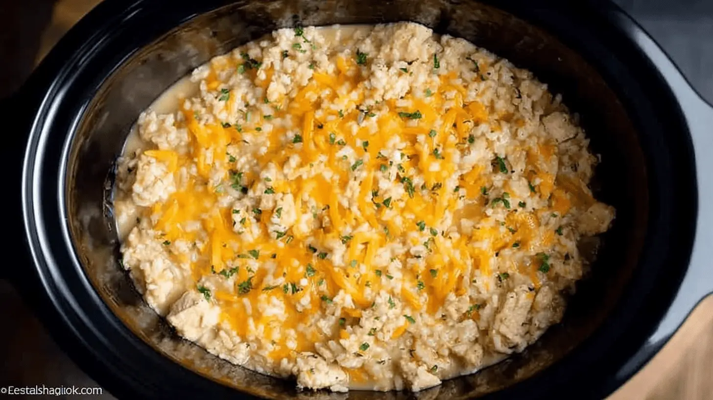A creamy crockpot chicken and rice casserole with melted cheese and fresh parsley, served in a black slow cooker insert.
