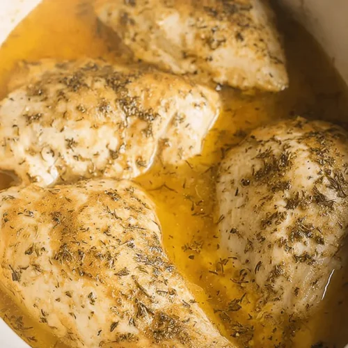 Close-up of herb-seasoned crockpot chicken breast cooking in a golden liquid within a white slow cooker.