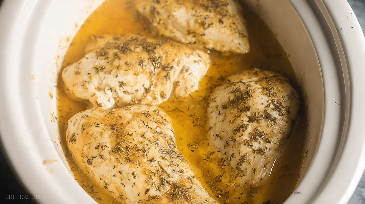 Close-up of herb-seasoned crockpot chicken breast cooking in a golden liquid within a white slow cooker.