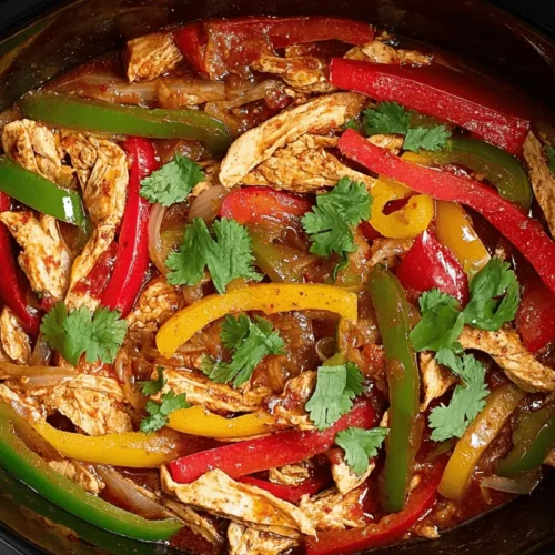 Vibrant crockpot chicken fajitas with colorful bell peppers, onions, and shredded chicken in a rich sauce, garnished with fresh cilantro.