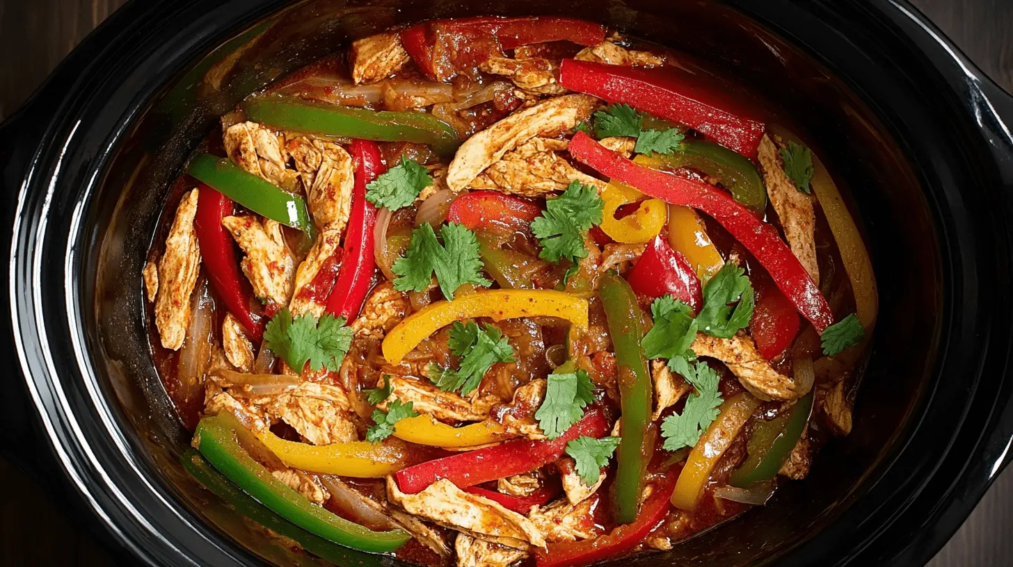 Vibrant crockpot chicken fajitas with colorful bell peppers, onions, and shredded chicken in a rich sauce, garnished with fresh cilantro.