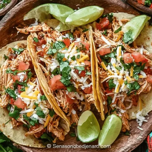 Easy Crockpot Chicken Tacos 2 A vibrant close-up of three freshly prepared crockpot chicken tacos, generously filled with seasoned shredded chicken, melted cheese, diced tomatoes, and cilantro, served with lime wedges on a rustic wooden dish.