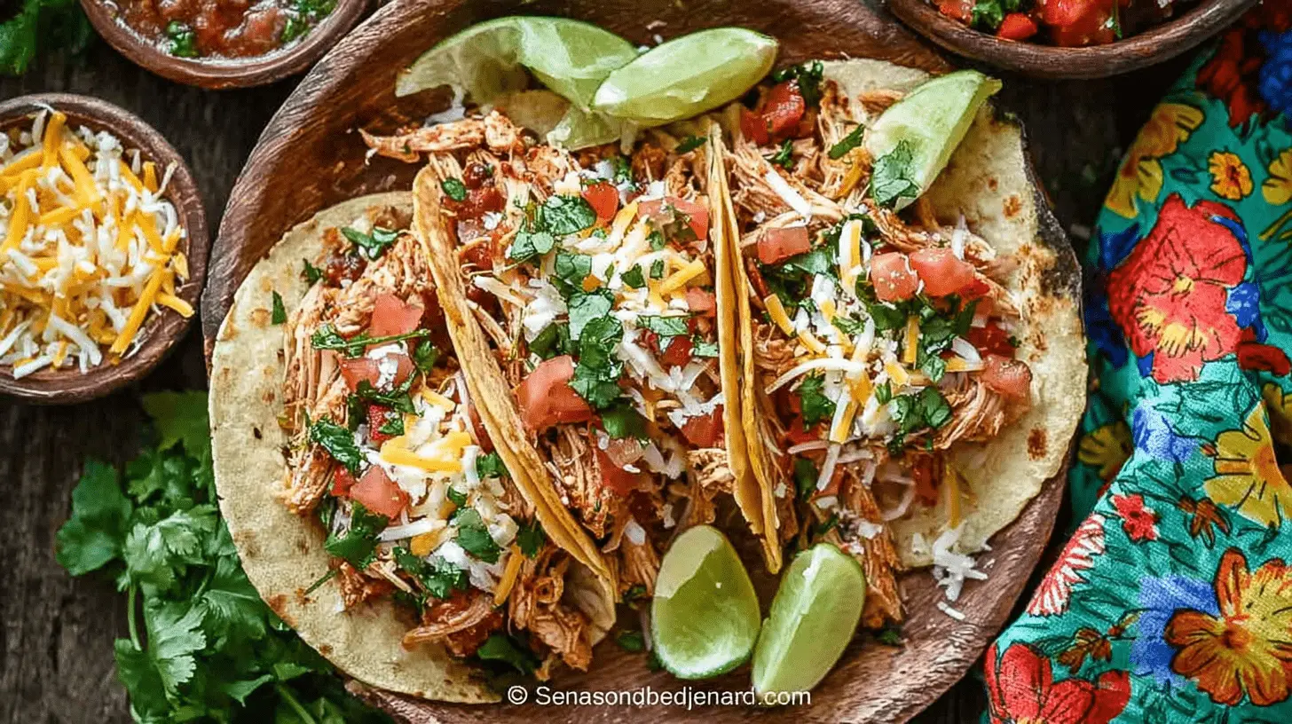 A vibrant close-up of three freshly prepared crockpot chicken tacos, generously filled with seasoned shredded chicken, melted cheese, diced tomatoes, and cilantro, served with lime wedges on a rustic wooden dish.