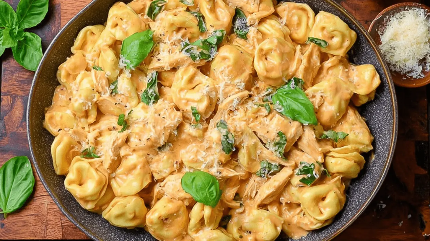 Creamy CrockPot Chicken Tortellini with fresh basil and grated cheese in a rustic bowl.