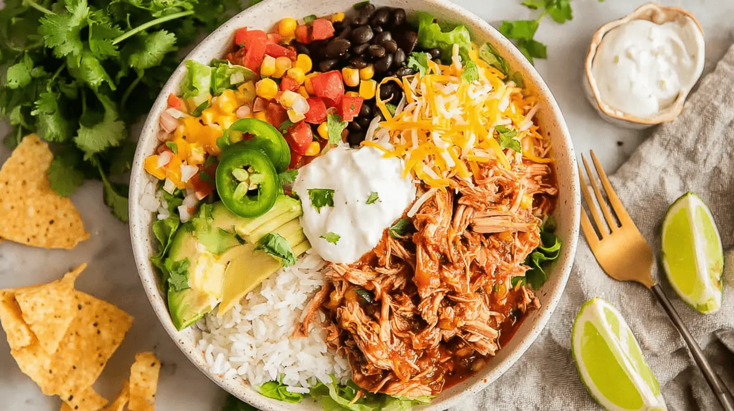 Creamy Crockpot Ranch Chicken: Easy Dump-and-Go Dinner! 1 Overhead view of a vibrant Crockpot Ranch Chicken burrito bowl, complete with fresh avocado, rice, and salsa.