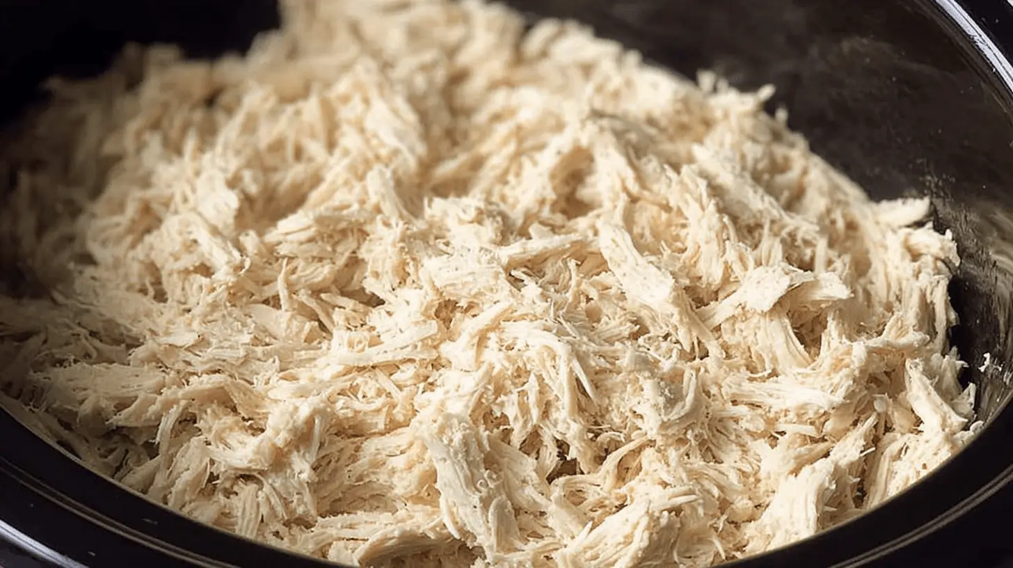 Close-up of a large quantity of tender crockpot shredded chicken in a dark bowl, ready for meals.