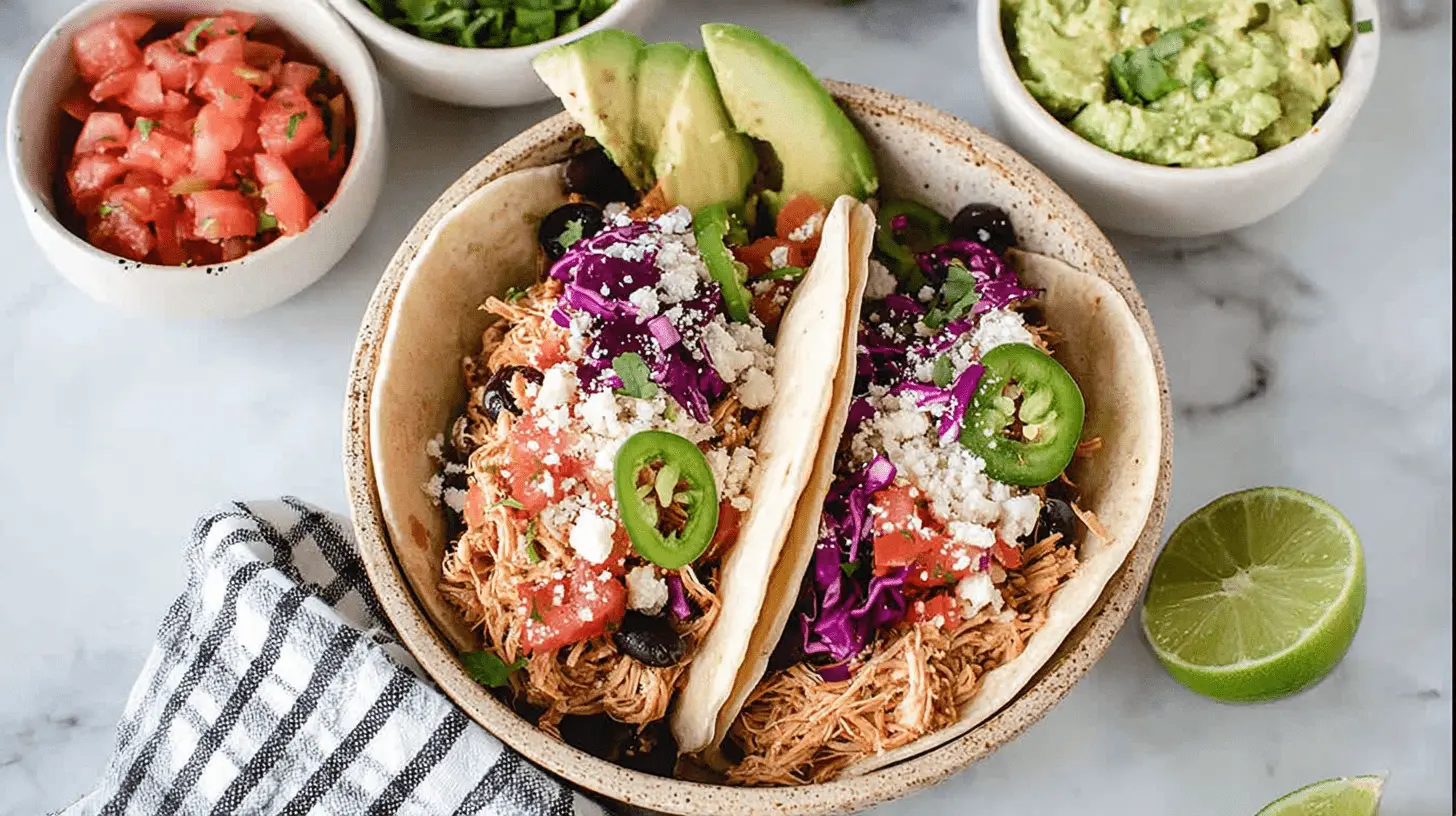 Overhead view of two vibrant crockpot shredded chicken tacos in a rustic bowl, garnished with fresh toppings like cheese, pico de gallo, and cilantro, served with guacamole and lime.