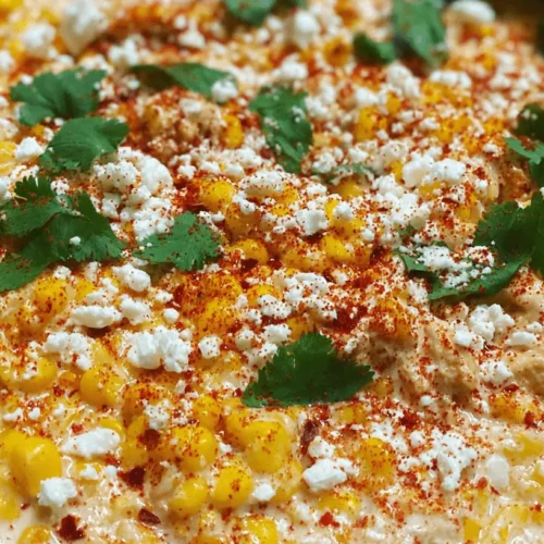 Close-up of a vibrant street corn salad with creamy sauce and fresh cilantro, a perfect complement to delicious crockpot street corn chicken.