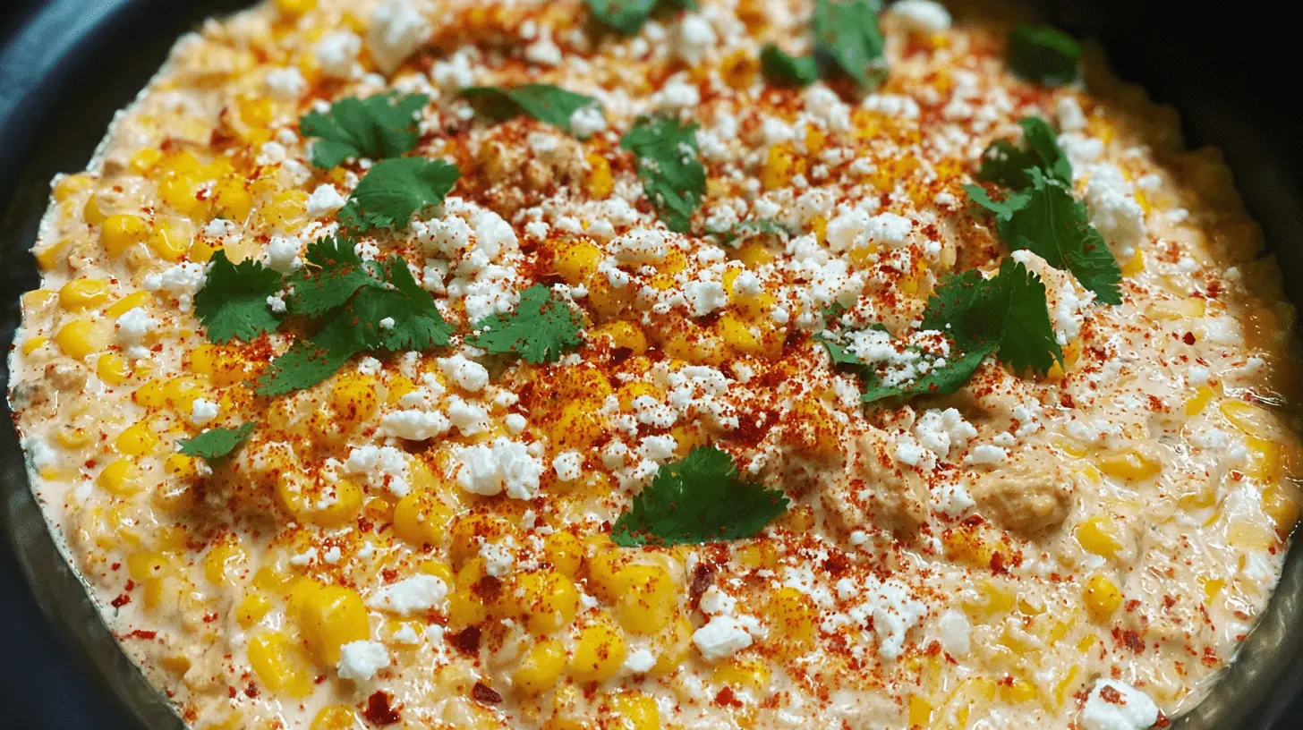 Close-up of a vibrant street corn salad with creamy sauce and fresh cilantro, a perfect complement to delicious crockpot street corn chicken.