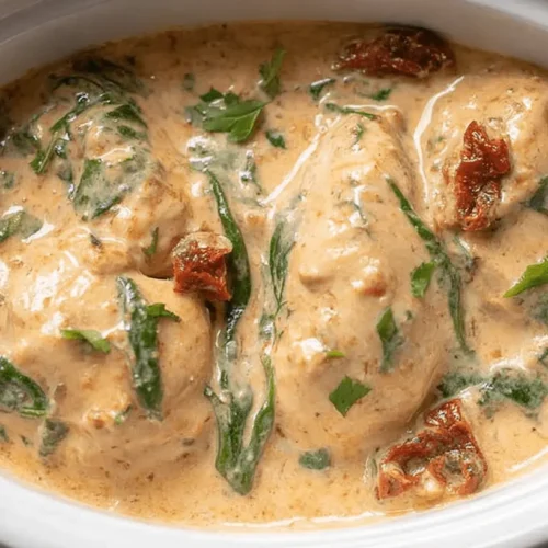 Hearty crockpot Tuscan chicken in a creamy sauce with spinach and sun-dried tomatoes, served in a white dish.