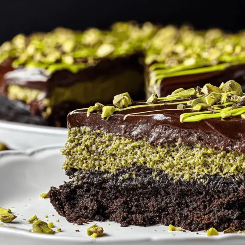 Decadent multi-layered chocolate and pistachio dubai chocolate cake slice on a white plate, with ganache, green drizzle, and pistachios.
