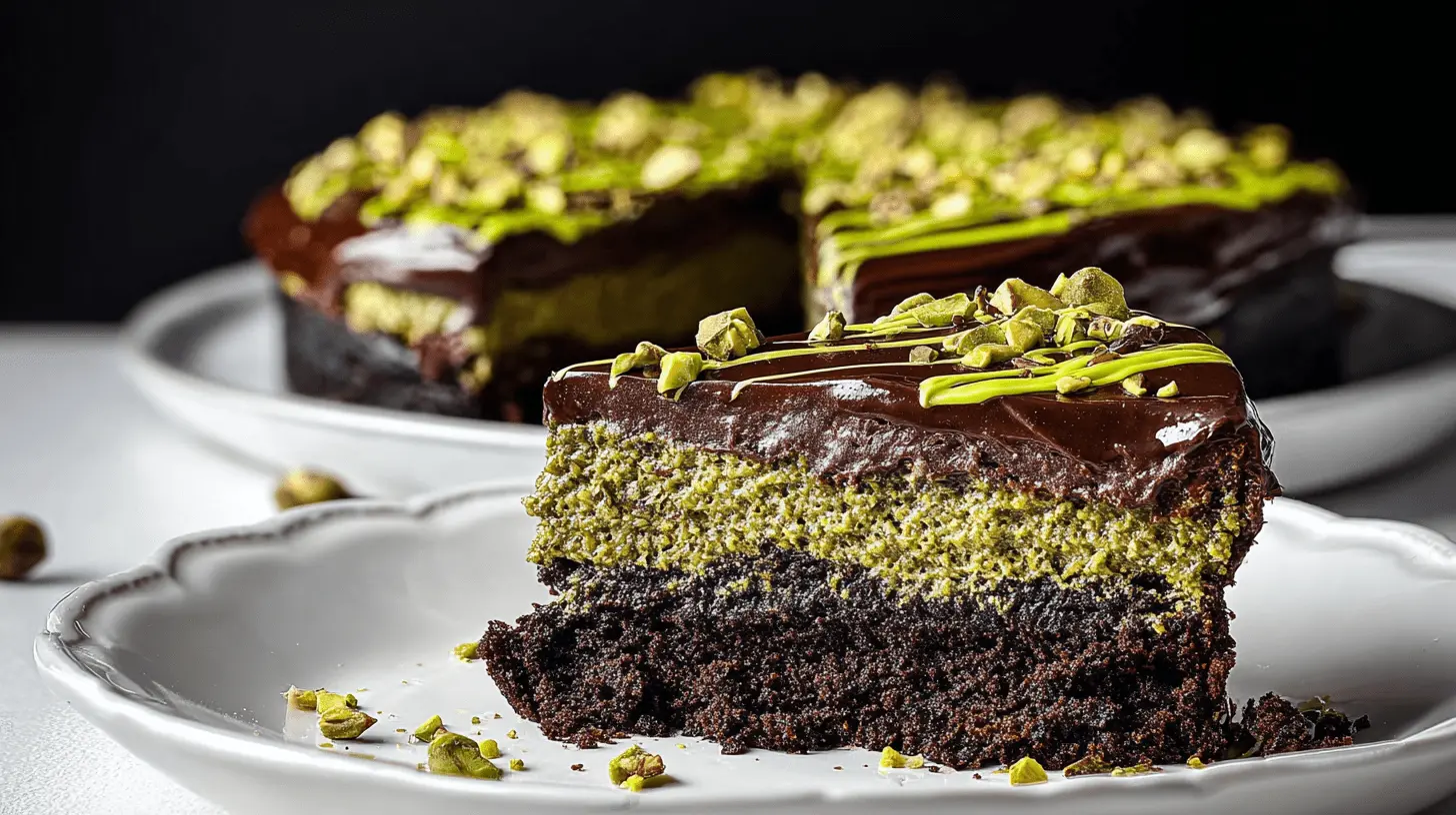 Decadent multi-layered chocolate and pistachio dubai chocolate cake slice on a white plate, with ganache, green drizzle, and pistachios.