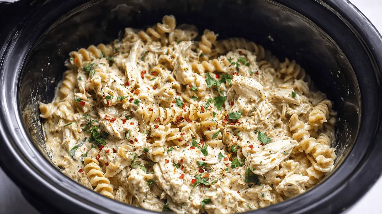 Close-up of creamy Garlic Parmesan Crockpot Chicken with fusilli pasta, garnished with red chili flakes and fresh green herbs in a dark slow cooker.