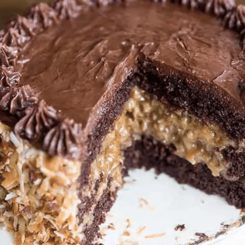 The Best Homemade German Chocolate Cake Recipe 2 Delicious slice removed from a multi-layered german chocolate cake on a white stand, showing rich chocolate and coconut-pecan filling.