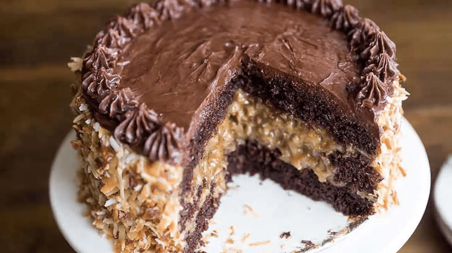 The Best Homemade German Chocolate Cake Recipe 1 Delicious slice removed from a multi-layered german chocolate cake on a white stand, showing rich chocolate and coconut-pecan filling.