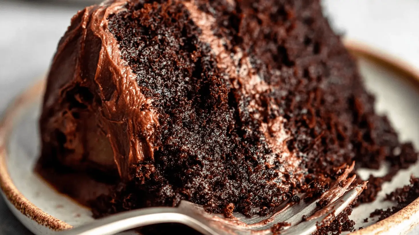 Decadent Gluten Free Chocolate Cake (Easy & Moist!) 1 Decadent slice of gluten free chocolate cake with rich frosting and a fork taking a bite.