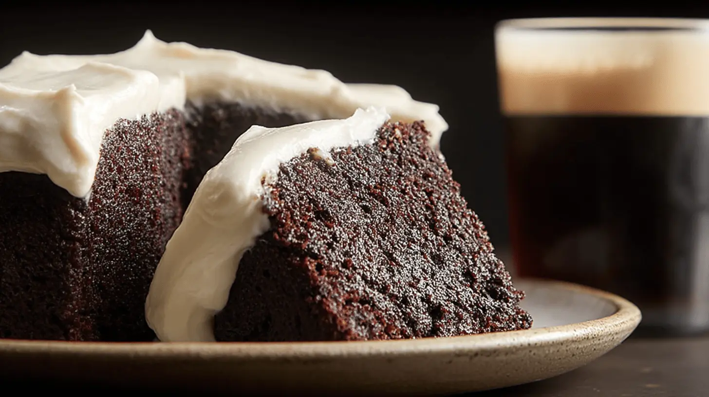 Rich & Moist Guinness Chocolate Cake with Cream Cheese Frosting 1 Moist slices of Guinness chocolate cake with creamy white frosting, served with a frothy stout.