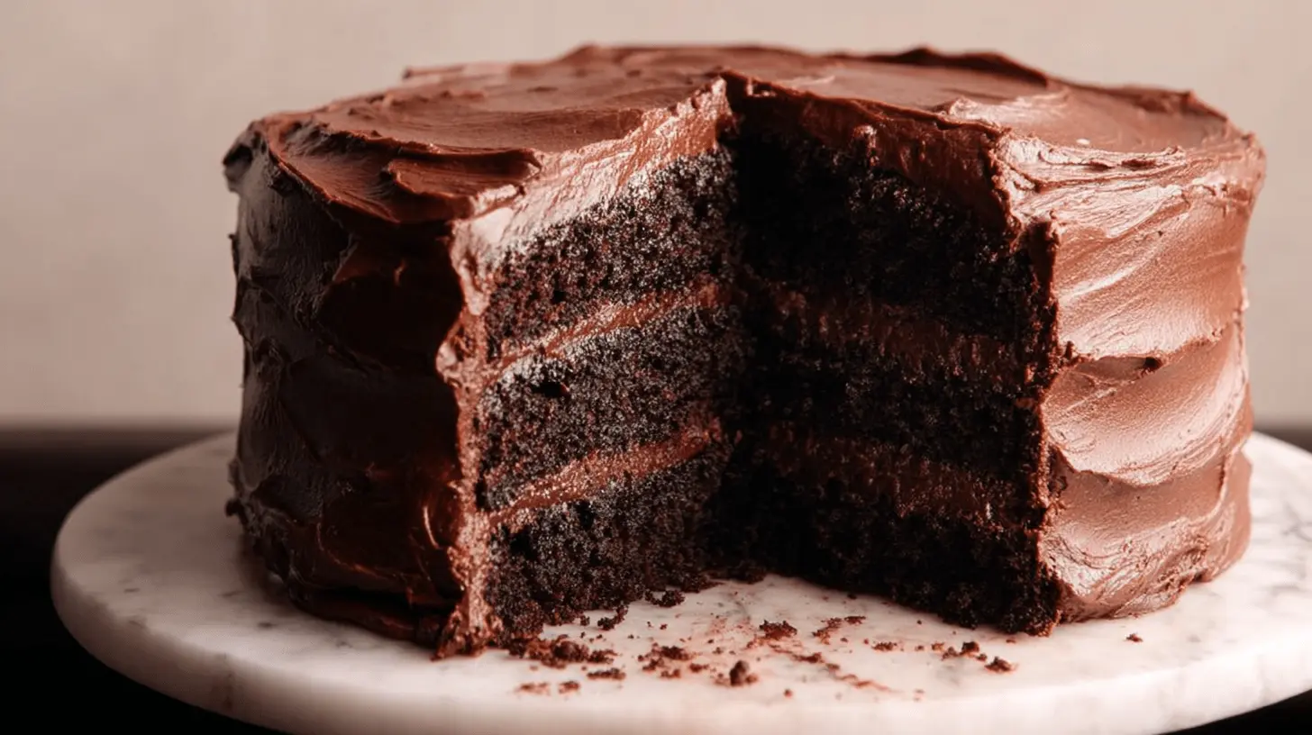 The Best Matilda Chocolate Cake Recipe: Rich, Moist & Fudgy Perfection 1 A decadent multi-layered matilda chocolate cake with a slice removed, revealing rich, moist interior and thick chocolate frosting on a marble stand.