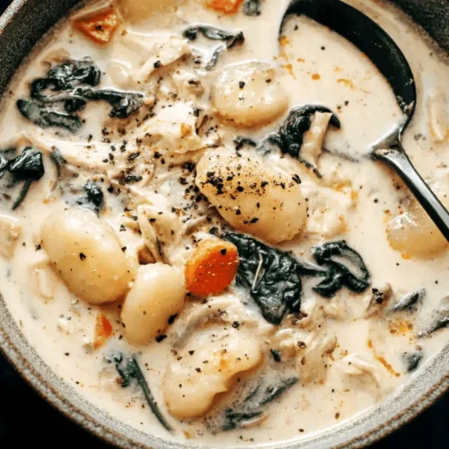 The Best Cozy Crockpot Chicken Gnocchi Soup Recipe 2 Overhead close-up of a rustic bowl of creamy Crockpot Chicken Gnocchi Soup Recipe, featuring gnocchi, spinach, carrots, and shredded chicken, seasoned with black pepper.