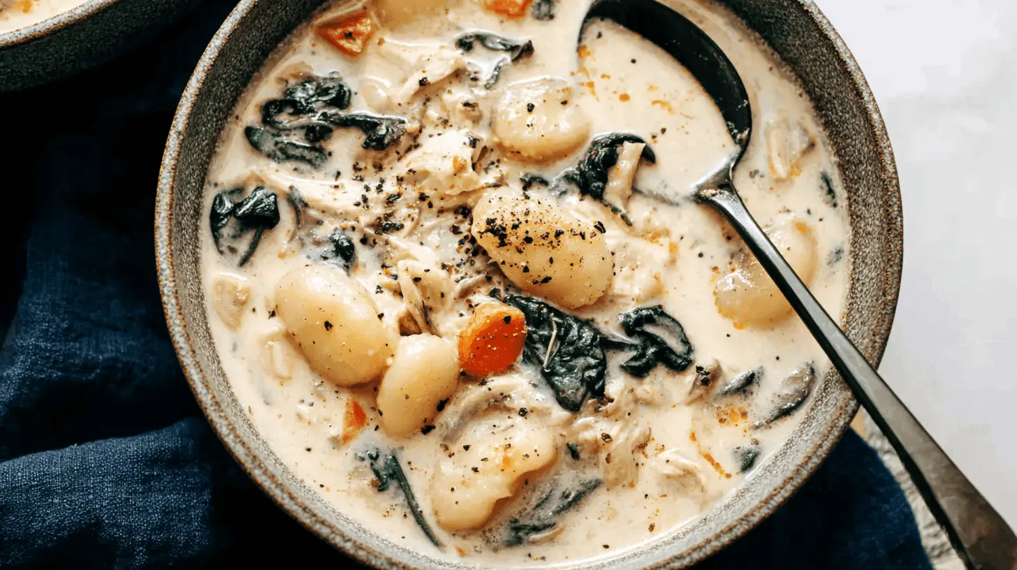 Overhead close-up of a rustic bowl of creamy Crockpot Chicken Gnocchi Soup Recipe, featuring gnocchi, spinach, carrots, and shredded chicken, seasoned with black pepper.