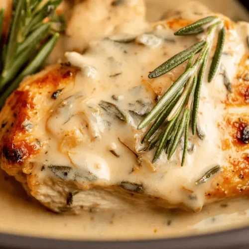 Slow Cooker Creamy Lemon Herb Chicken 2 Close-up of golden-brown Slow Cooker Creamy Lemon Herb Chicken garnished with fresh rosemary in a dark bowl.