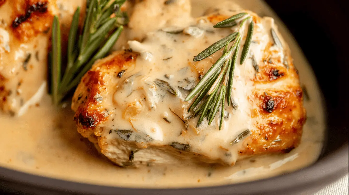 Close-up of golden-brown Slow Cooker Creamy Lemon Herb Chicken garnished with fresh rosemary in a dark bowl.