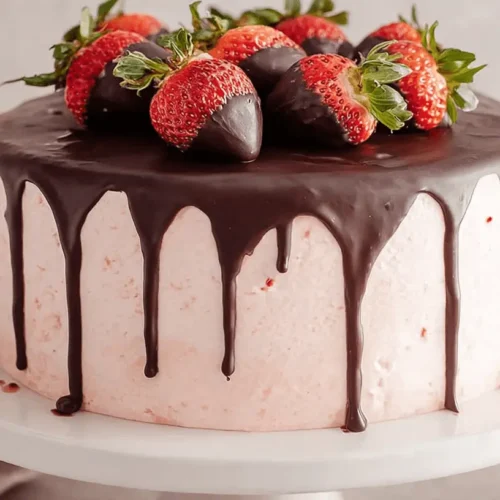 The Ultimate Chocolate Cake with Chocolate Strawberries 2 A beautifully decorated chocolate cake with chocolate strawberries, featuring pink strawberry frosting, chocolate ganache, and fresh chocolate-dipped strawberries on a white stand.