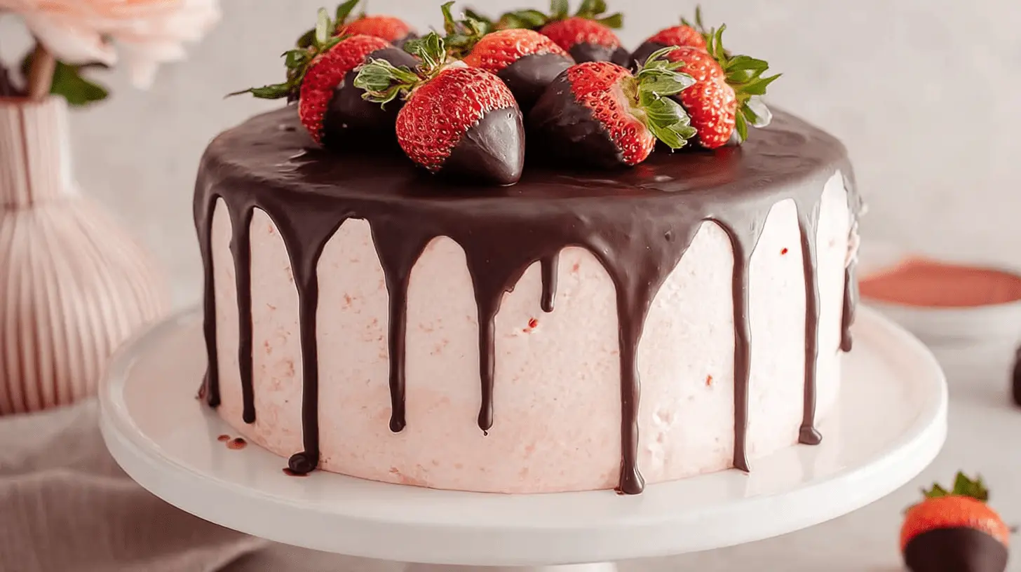 The Ultimate Chocolate Cake with Chocolate Strawberries 1 A beautifully decorated chocolate cake with chocolate strawberries, featuring pink strawberry frosting, chocolate ganache, and fresh chocolate-dipped strawberries on a white stand.