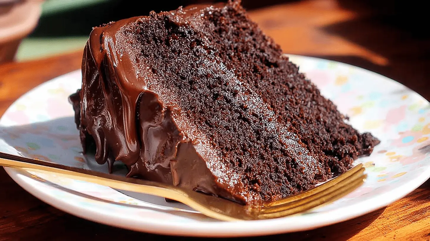 The Best Moist Chocolate Cake Recipe 1 A generously frosted slice of dark, moist chocolate cake on a decorative plate, highlighting a perfect moist chocolate cake recipe.