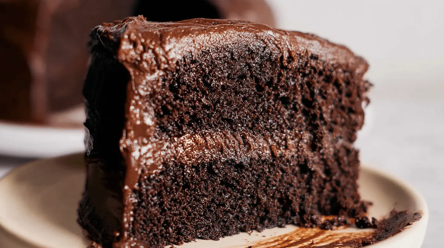 Copycat Portillo's Chocolate Cake: The Ultimate Recipe 1 Close-up of a decadent slice of Portillo's chocolate cake on a light plate, showing rich frosting and moist layers.