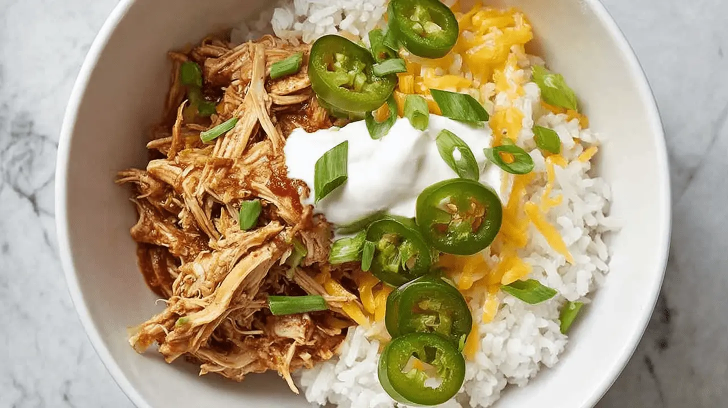 Easy Salsa Chicken Crockpot: Your New Go-To Meal Prep 1 A delicious bowl of shredded salsa chicken crockpot with rice, melted cheese, sour cream, and fresh jalapeños.