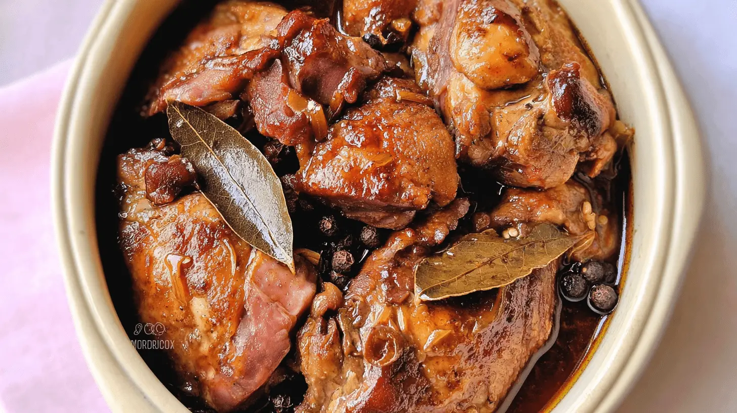 Close-up of a rich Slow Cooker Chicken Adobo in a light ceramic bowl, garnished with bay leaves and whole black peppercorns.