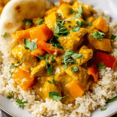 The Easiest Slow Cooker Chicken Curry Recipe 2 Vibrant slow cooker chicken curry with tender chicken, butternut squash, red bell pepper, and cilantro, served over brown rice with naan.