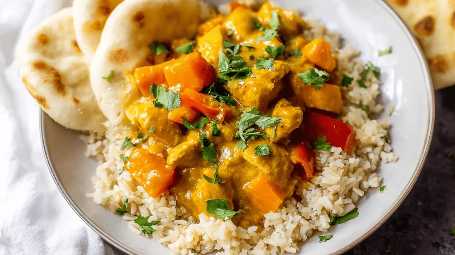The Easiest Slow Cooker Chicken Curry Recipe 1 Vibrant slow cooker chicken curry with tender chicken, butternut squash, red bell pepper, and cilantro, served over brown rice with naan.