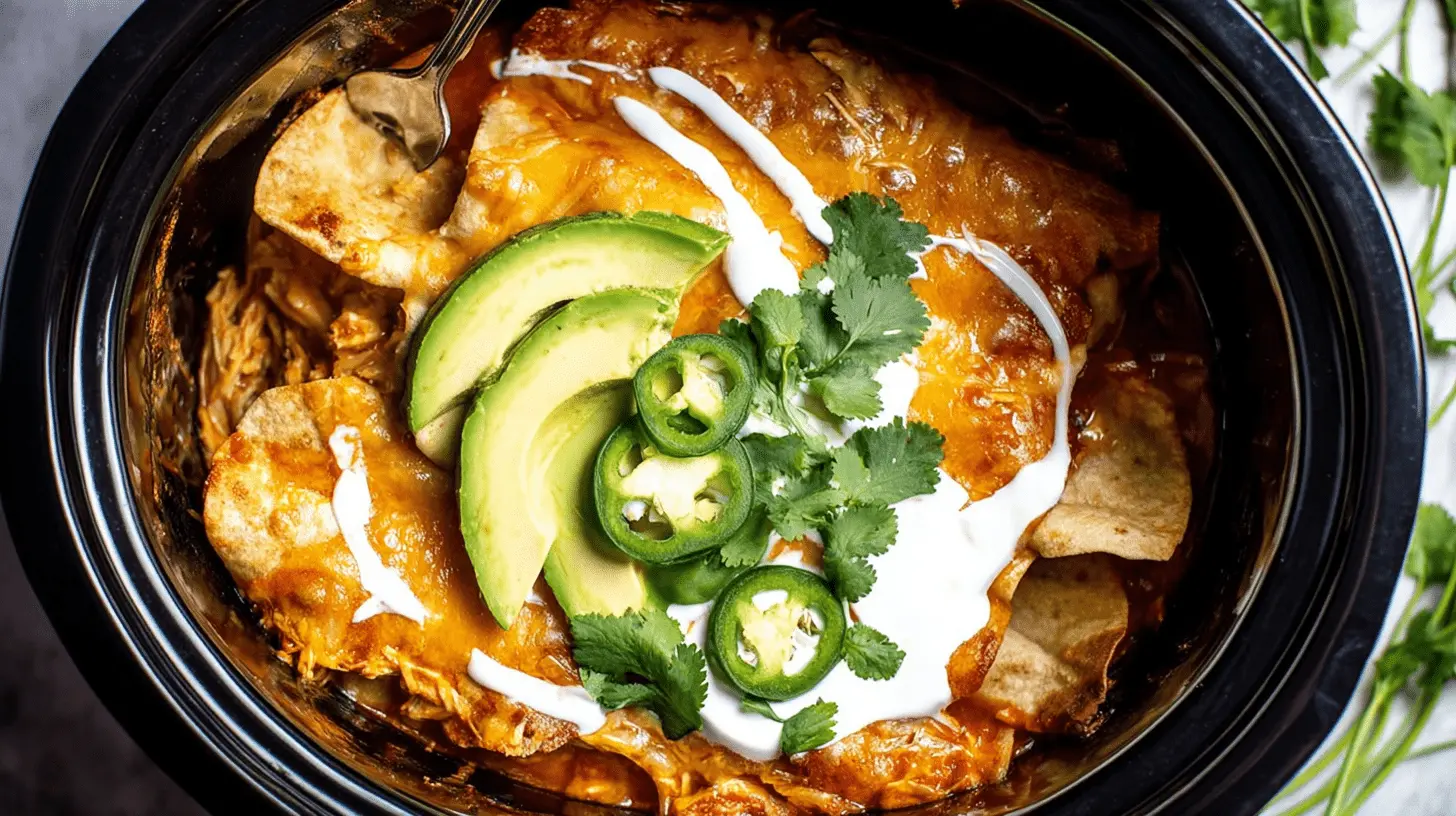 Overhead shot of hearty slow cooker chicken enchiladas, bubbling with melted cheese and topped with fresh avocado, jalapeños, sour cream, and cilantro.
