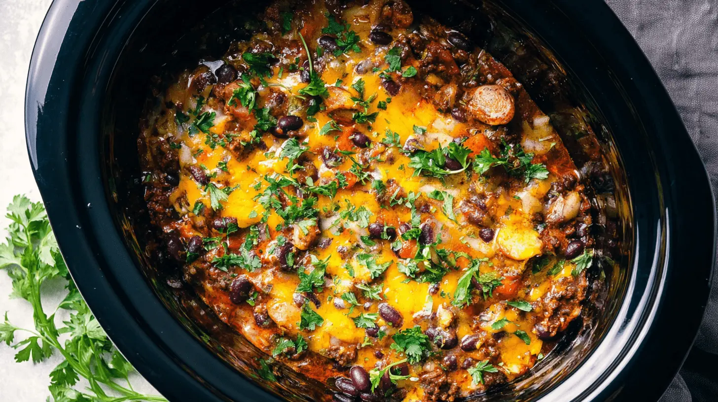 Top-down view of a hearty Slow Cooker Cowboy Casserole with beans, sausage, melted cheddar cheese, and fresh herbs simmering in a black slow cooker on a kitchen counter.