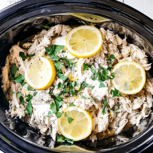 Overhead shot of tender, shredded slow cooker Greek chicken garnished with lemon slices, fresh herbs, and creamy sauce in a black serving dish.